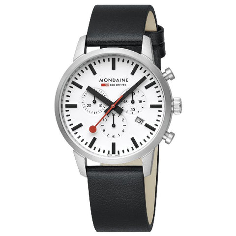 The Watch Boutique Mondaine Neo Black Leather Chrono Watch 41mm