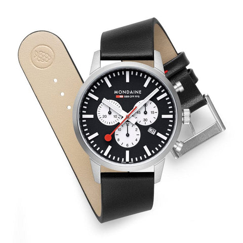 The Watch Boutique Mondaine Neo Black Vegan Leather Chrono Watch 41mm