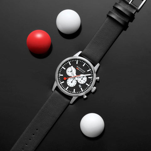 The Watch Boutique Mondaine Neo Black Vegan Leather Chrono Watch 41mm
