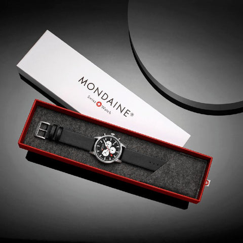 The Watch Boutique Mondaine Neo Black Vegan Leather Chrono Watch 41mm