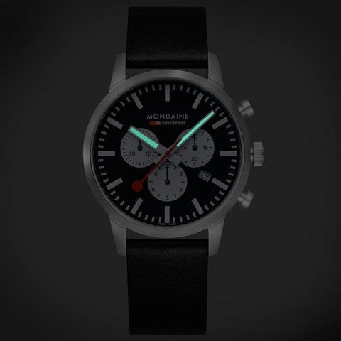 The Watch Boutique Mondaine Neo Black Vegan Leather Chrono Watch 41mm