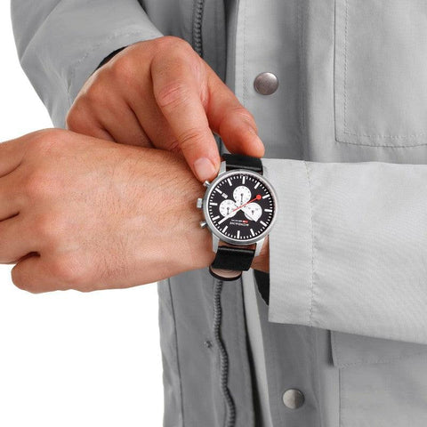 The Watch Boutique Mondaine Neo Black Vegan Leather Chrono Watch 41mm