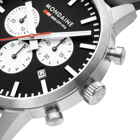 The Watch Boutique Mondaine Neo Black Vegan Leather Chrono Watch 41mm