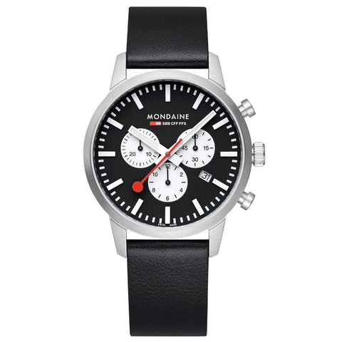 The Watch Boutique Mondaine Neo Black Vegan Leather Chrono Watch 41mm