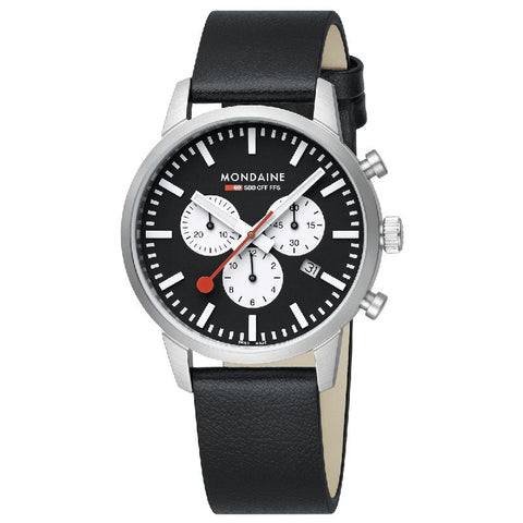 The Watch Boutique Mondaine Neo Black Vegan Leather Chrono Watch 41mm