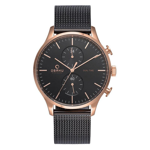 The Watch Boutique Obaku Gran-Night Rg Dual Time Black Mesh Watch V196GUVBMB