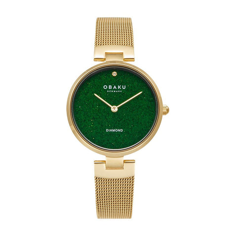 The Watch Boutique Obaku Mineral Basil - Green Dial IP Gold Ladies Watch V256LHGEMG-DSSD