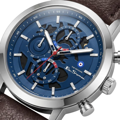 The Watch Boutique Online Product Title Ben Sherman Men's Skeleton Chronograph Watch with Blue Dial & Brown Leather Strap