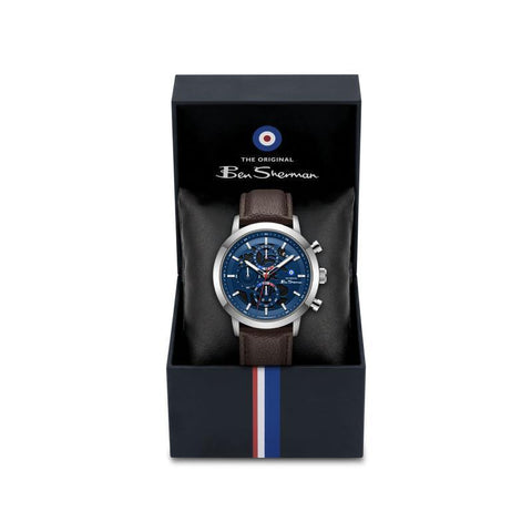 The Watch Boutique Online Product Title Ben Sherman Men's Skeleton Chronograph Watch with Blue Dial & Brown Leather Strap