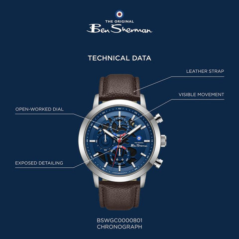 The Watch Boutique Online Product Title Ben Sherman Men's Skeleton Chronograph Watch with Blue Dial & Brown Leather Strap