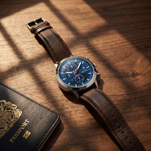 The Watch Boutique Online Product Title Ben Sherman Men's Skeleton Chronograph Watch with Blue Dial & Brown Leather Strap
