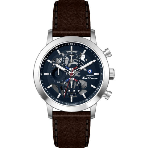 Online Product Title Ben Sherman Men's Skeleton Chronograph Watch with Blue Dial & Brown Leather Strap