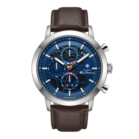 The Watch Boutique Online Product Title Ben Sherman Men's Skeleton Chronograph Watch with Blue Dial & Brown Leather Strap