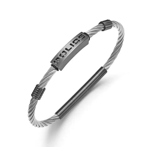 Police Pe Quadro men's 190mm grey cable bracelet featuring a sleek metal logo plate and textured accents.