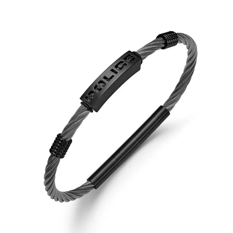 Police Pe Quadro men's 190mm bracelet featuring a sleek black cable design with a branded metal centerpiece.