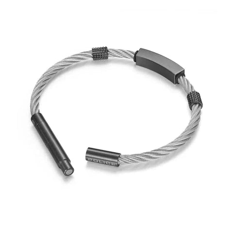 Police Pe Quadro men's 190mm grey cable bracelet featuring a sleek metal magnetic clasp and textured accent beads.