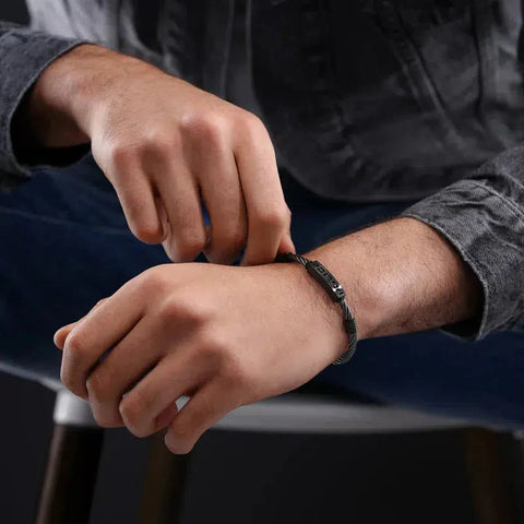 Men's 190mm black cable bracelet by Police featuring a sleek, branded metal plaque for a modern, masculine style.