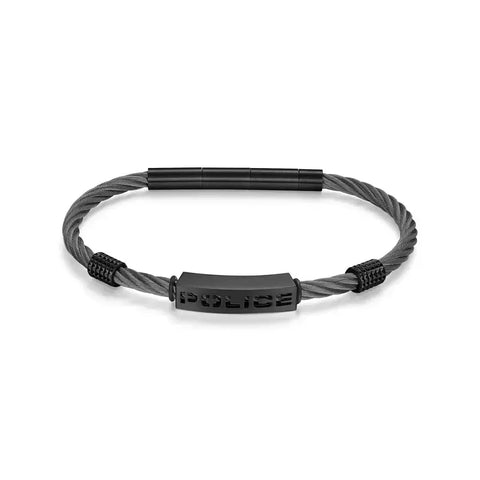 Police Pe Quadro men's 190mm black cable bracelet featuring a sleek branded metal centerpiece and textured accents.