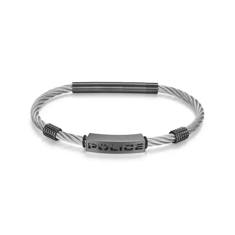 Police Pe Quadro men's 190mm grey cable bracelet featuring a branded metal centerpiece and textured black accents.