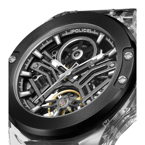The Watch Boutique Police Cyclone Men's Automatic Transparent Skeleton Dial Black Silicone Watch