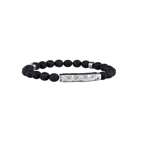 Police Samoa bracelet featuring black lava beads and a polished gunmetal stainless steel cylinder with engraved detailing.