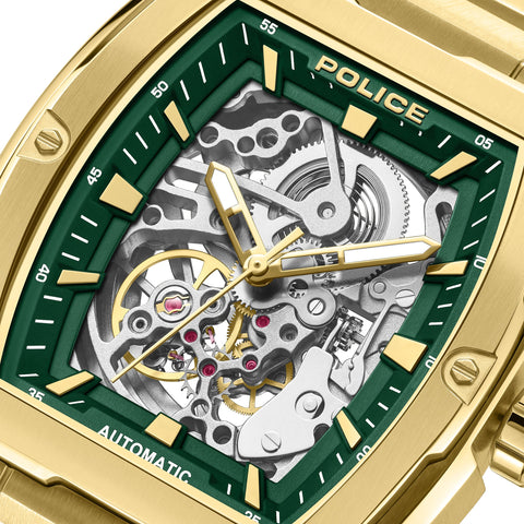 The Watch Boutique Police Skeletor Green Dial Gold Men's Automatic Watch
