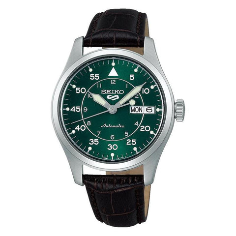 Seiko 5 Sports 36mm field watch with a kelly green dial, stainless steel case, and dark brown leather strap.