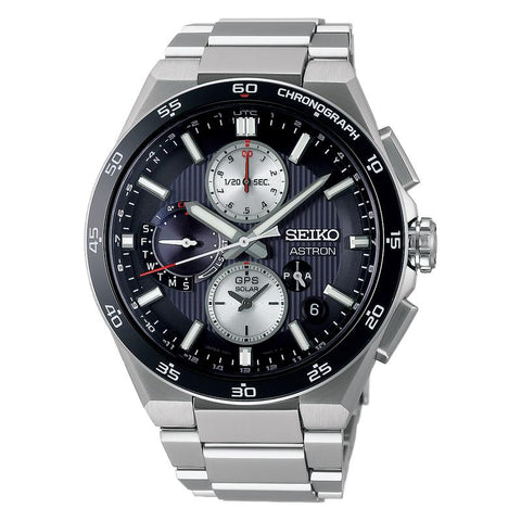 The Watch Boutique Seiko Astron GPS Solar Chronograph Watch for Men, Titanium Ceramic Bezel, World Time