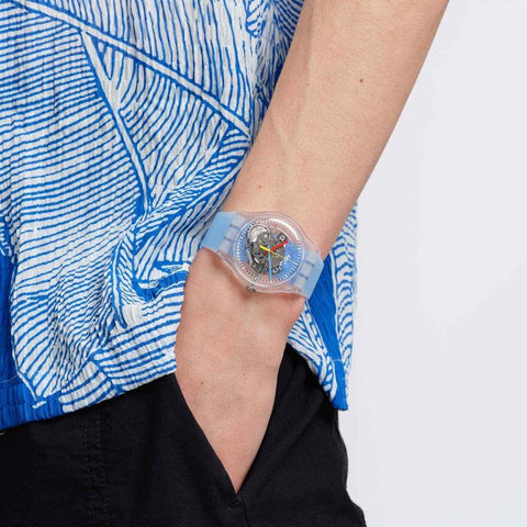 The Watch Boutique Swatch CLEARLY BLUE STRIPED Watch SUOK156