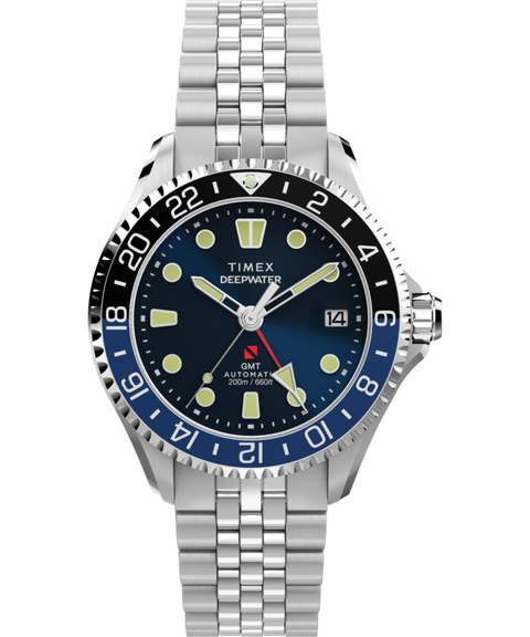 Timex Deepwater Meridian 200 Automatic GMT Stainless Steel Bracelet Watch Blue Dial