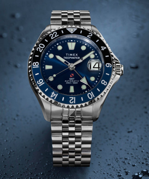 Timex Deepwater Meridian 200 Automatic GMT Stainless Steel Bracelet Watch Blue Dial
