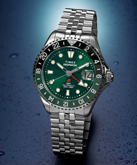 Timex Deepwater Meridian 200 Automatic GMT Stainless Steel Bracelet Watch Green Dial