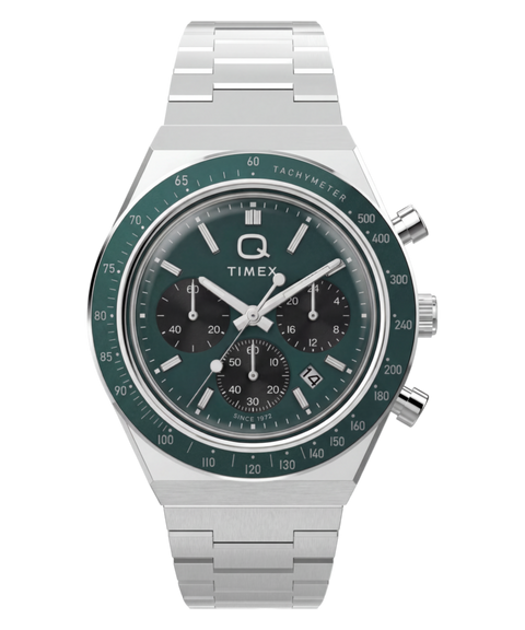 Timex Q Timex Chronograph Stainless Steel Bracelet Watch Green Dial