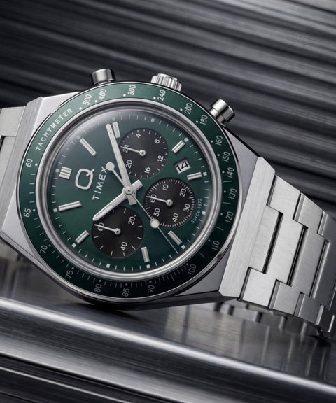 Timex Q Timex Chronograph Stainless Steel Bracelet Watch Green Dial