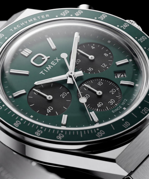 Timex Q Timex Chronograph Stainless Steel Bracelet Watch Green Dial