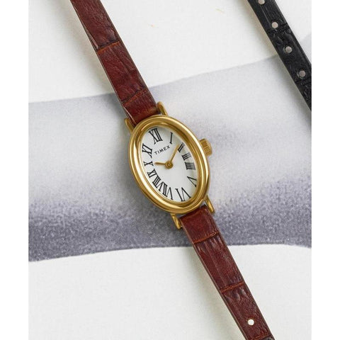 The Watch Boutique Timex Cavatina Leather Strap Watch White Gold-Tone Brown