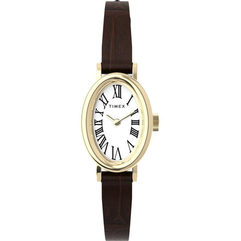 The Watch Boutique Timex Cavatina Leather Strap Watch White Gold-Tone Brown