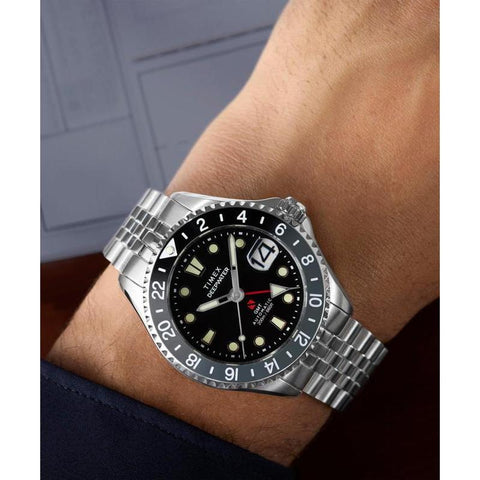 The Watch Boutique Timex Deepwater Meridian 200 Automatic GMT Stainless Steel Bracelet Black Dial Watch