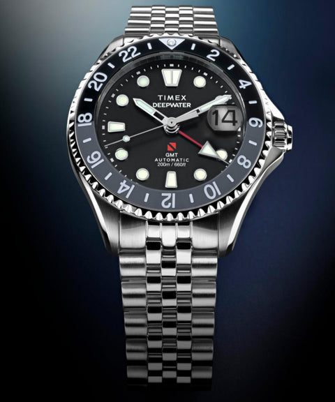 The Watch Boutique Timex Deepwater Meridian 200 Automatic GMT Stainless Steel Bracelet Black Dial Watch