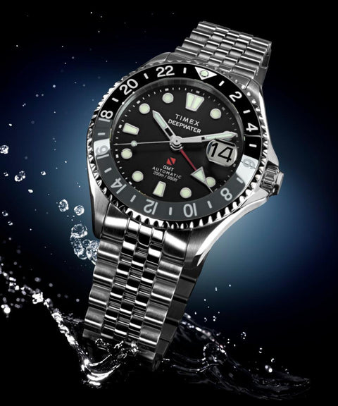 The Watch Boutique Timex Deepwater Meridian 200 Automatic GMT Stainless Steel Bracelet Black Dial Watch