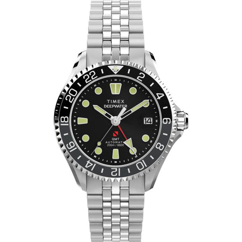 The Watch Boutique Timex Deepwater Meridian 200 Automatic GMT Stainless Steel Bracelet Black Dial Watch