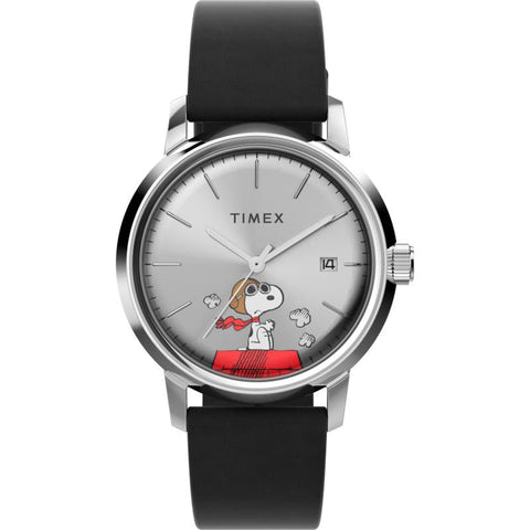 The Watch Boutique Timex Peanuts Marlin Automatic Snoopy Flying Ace Leather Strap Watch