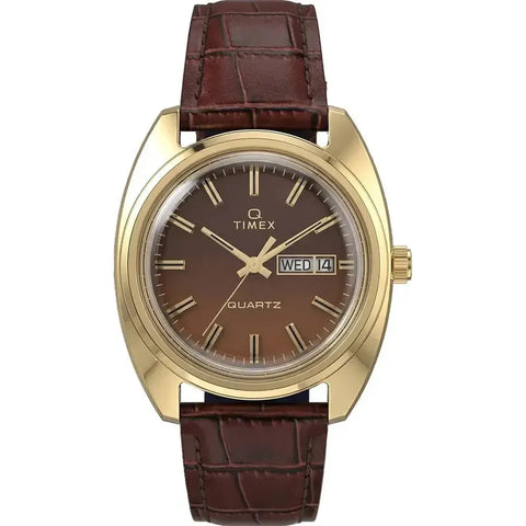 The Watch Boutique Timex Q Timex Day-Date Leather Strap Brown Dial Watch
