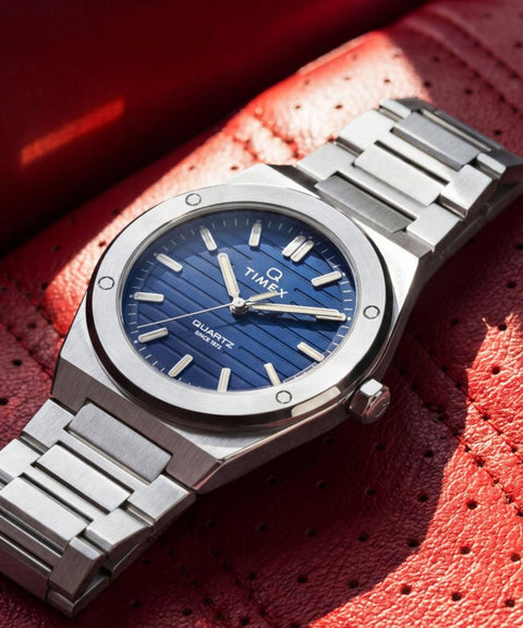 The Watch Boutique Timex Q Timex Marbella Stainless Steel Bracelet Blue Dial Watch