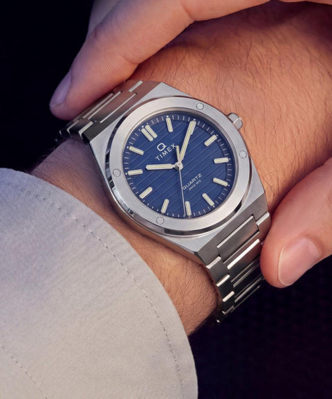 The Watch Boutique Timex Q Timex Marbella Stainless Steel Bracelet Blue Dial Watch