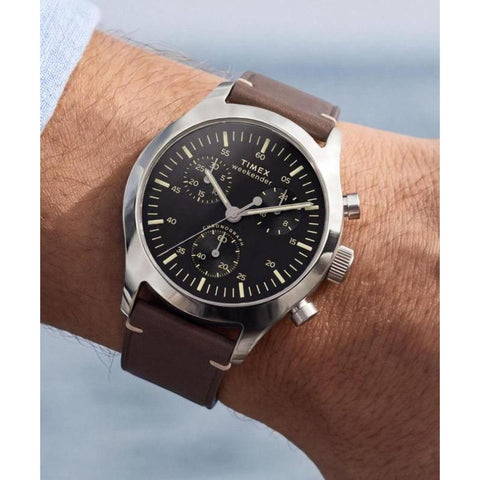 The Watch Boutique Timex Weekender New England Chronograph Leather Strap Black Dial Watch