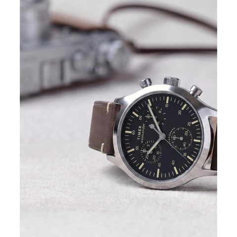 The Watch Boutique Timex Weekender New England Chronograph Leather Strap Black Dial Watch
