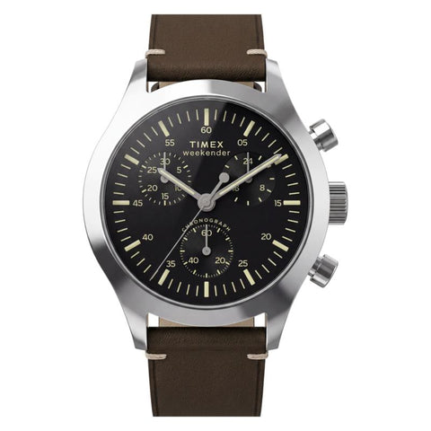The Watch Boutique Timex Weekender New England Chronograph Leather Strap Black Dial Watch
