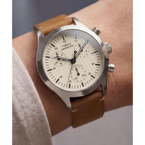 The Watch Boutique Timex Weekender New England Chronograph Leather Strap Cream Dial Watch