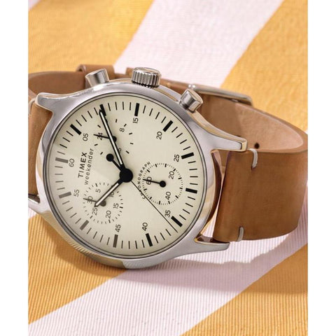 The Watch Boutique Timex Weekender New England Chronograph Leather Strap Cream Dial Watch